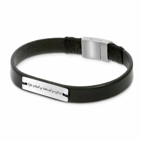 Bratara barbateasca cu piele neagra – Placuta cu aspect mat – Gravura personalizata – Argint 925 – Inchizatoare magnetica inox