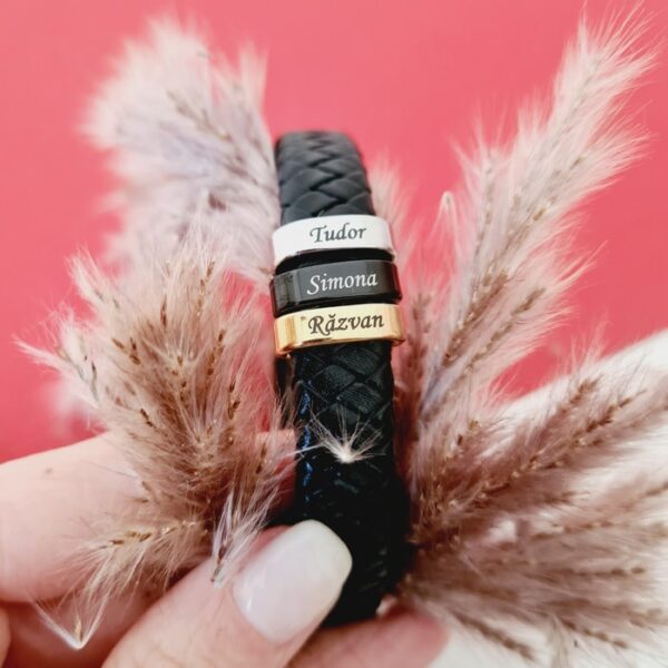 Bratara barbateasca Strength – Elemente ovale inox in 3 culori – Piele impletita neagra cu inchizatoare sigura din inox