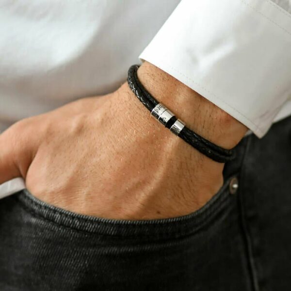 Bratara barbati – 3 modele cilindrice din Argint 925 personalizate – 3 straturi piele impletita – inchizatoare carabina