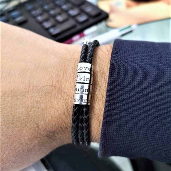 Bratara barbati – 4 modele cilindrice din Argint 925 personalizate – 3 straturi piele impletita – inchizatoare carabina