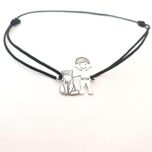 Bratara Familie – 2 Membri – Baiat si Pisica – pandant Argint 925, snur reglabil