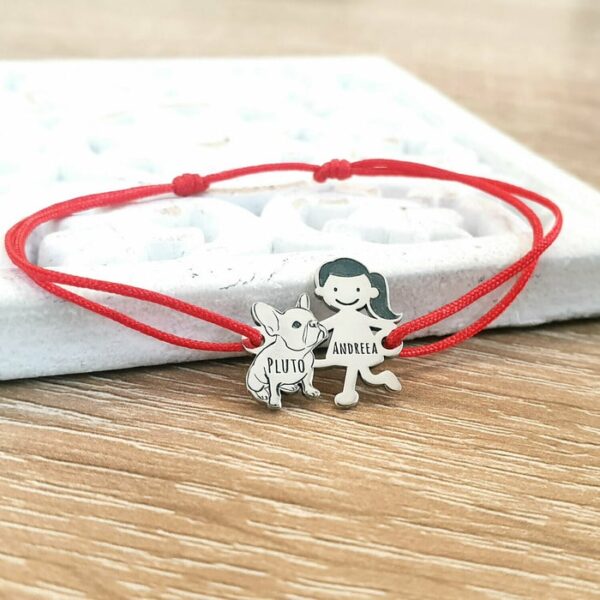 Bratara Familie – 2 Membri – caine Bulldog -pandant Argint 925 – snur matase vegetala reglabil