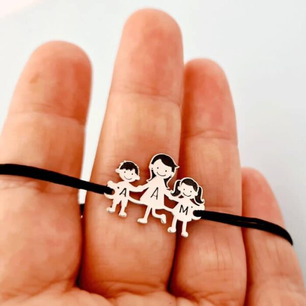 Bratara Familie – 3 Membri – pandant Argint 925 – snur negru matase vegetala reglabil