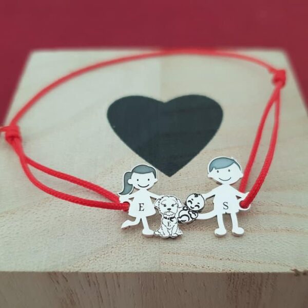 Bratara Familie 4 membri – copii, caine si bebe – Argint 925, snur rosu