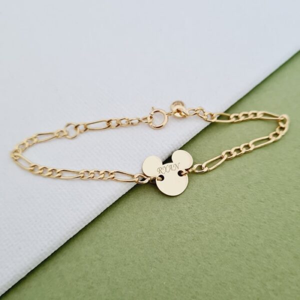 Bratara personalizata cu nume – Forma Soricel – Aur Galben 14K – Cu lantisor fata/baiat