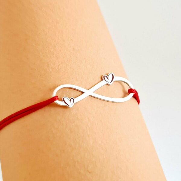 Bratara infinit cu 2 inimi decorate cu email – Argint 925 – Snur reglabil, diverse culori