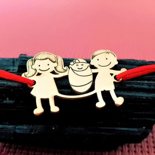 Bratara Familie 3 membri cu bebe – pandant Argint 925 placat cu Aur 14K – snur matase vegetala reglabil