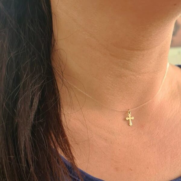 Choker Aur Galben 14K – Pandantiv Cruce – Lant silicon cu inchizatoare carabina