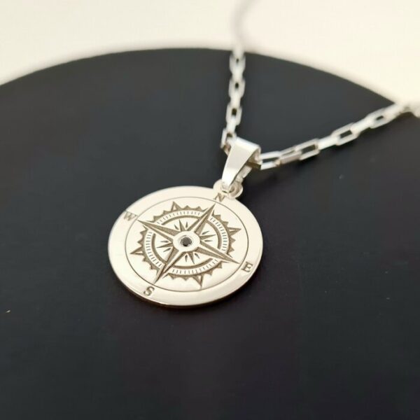 Lant pentru el cu Diamant natural – Pandantiv Busola – Argint 925 Rodiat – Lant barbatesc zale