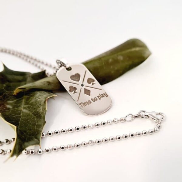 Lant pentru el cu Diamant natural – Pandantiv Placuta Poker – Argint 925 Rodiat – Lant barbatesc army