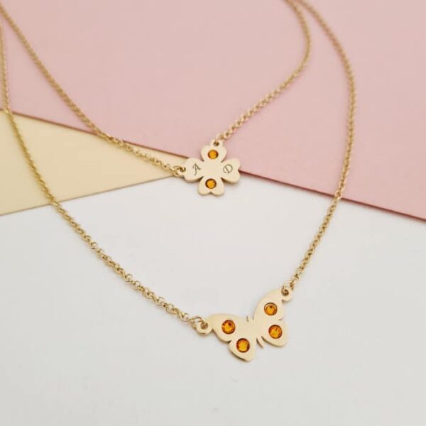Lantisor 2 straturi – Trifoi si fluture – Cristale Swarovski – Argint 925 placat cu Aur Galben 18K