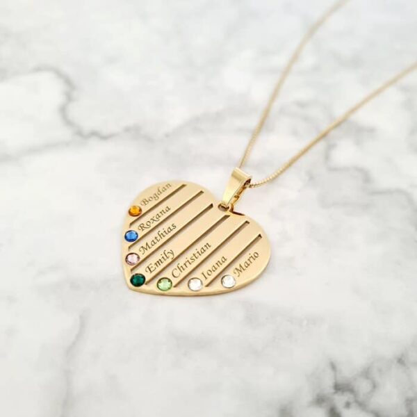 Lantisor Familie Inima – 7 membri – Argint 925 placat cu Aur Galben 18K si cu Cristale Swarovski