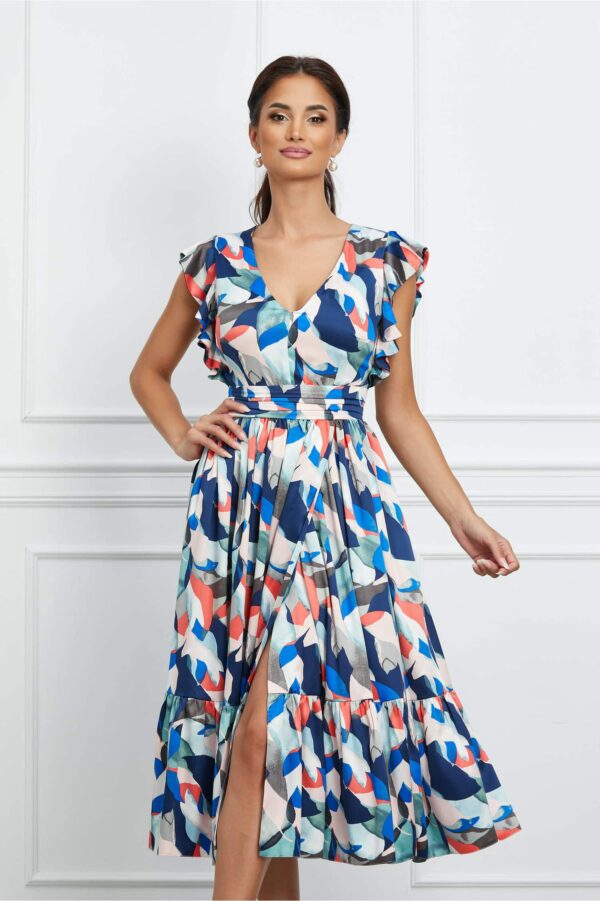 Rochi MBG albastra cu imprimeuri orange si volan la baza