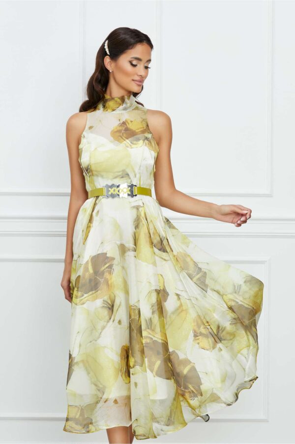 Rochie Adina galbena din organza cu imprimeuri