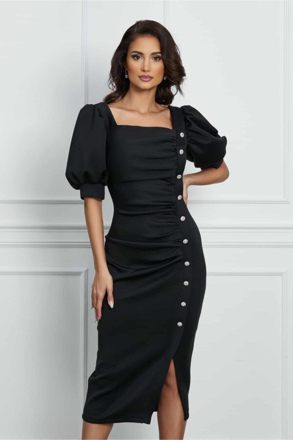 Rochie Adriana neagra din neopren cu nasturi decorativi