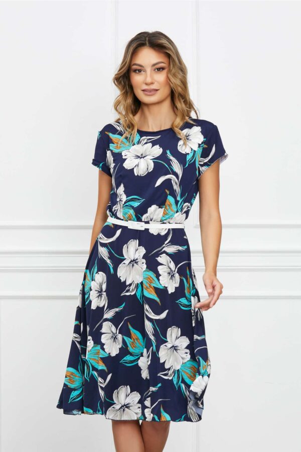Rochie Alexa bleumarin cu imprimeu floral gri-turcoaz si curea in talie