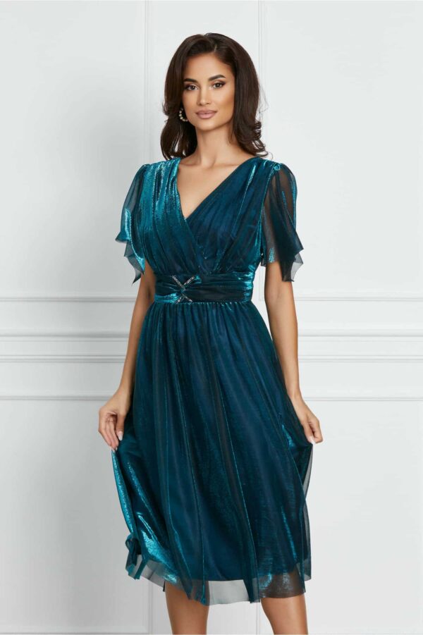 Rochie Alexandra turcoaz metalizat din lurex