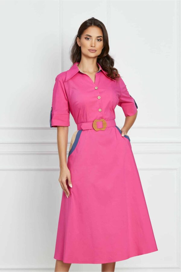 Rochie Ana fucsia cu nasturi si curea in talie