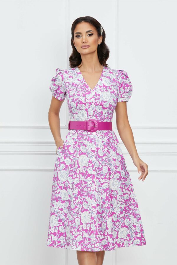Rochie Anita fucsia cu imprimeuri albe si nasturi