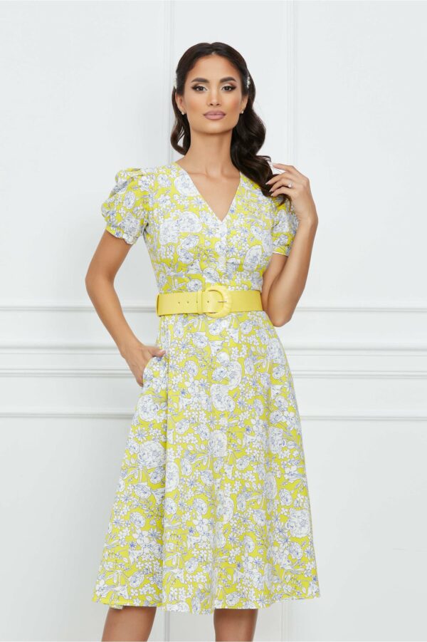 Rochie Anita galbena cu imprimeuri albe si nasturi