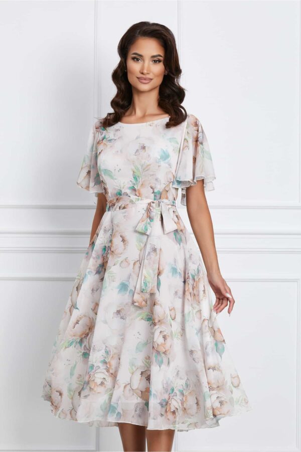 Rochie Antonia ivory cu imprimeu bej si cordon in talie