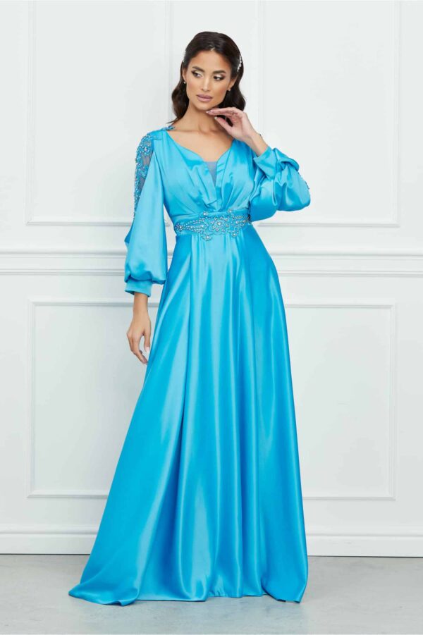 Rochie Aria lunga albastra cu perle si strasuri pe maneci si in talie