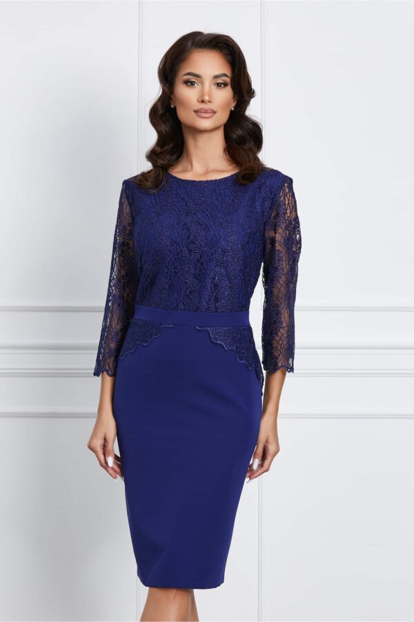 Rochie Aurora bleumarin cu dantela la bust si peplum in talie