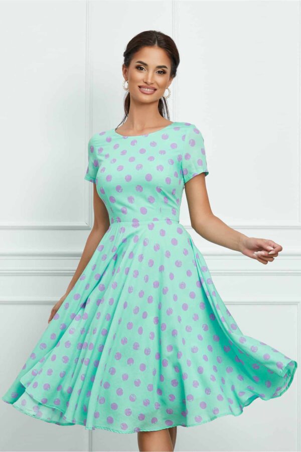 Rochie Beatrice verde mint cu buline lila