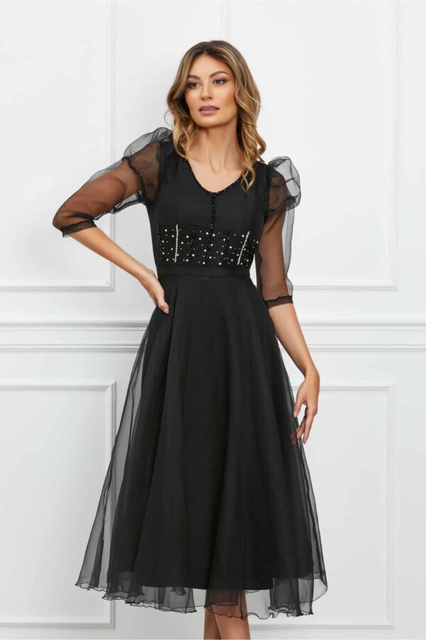 Rochie Briana neagra din organza cu strasuri pe bust