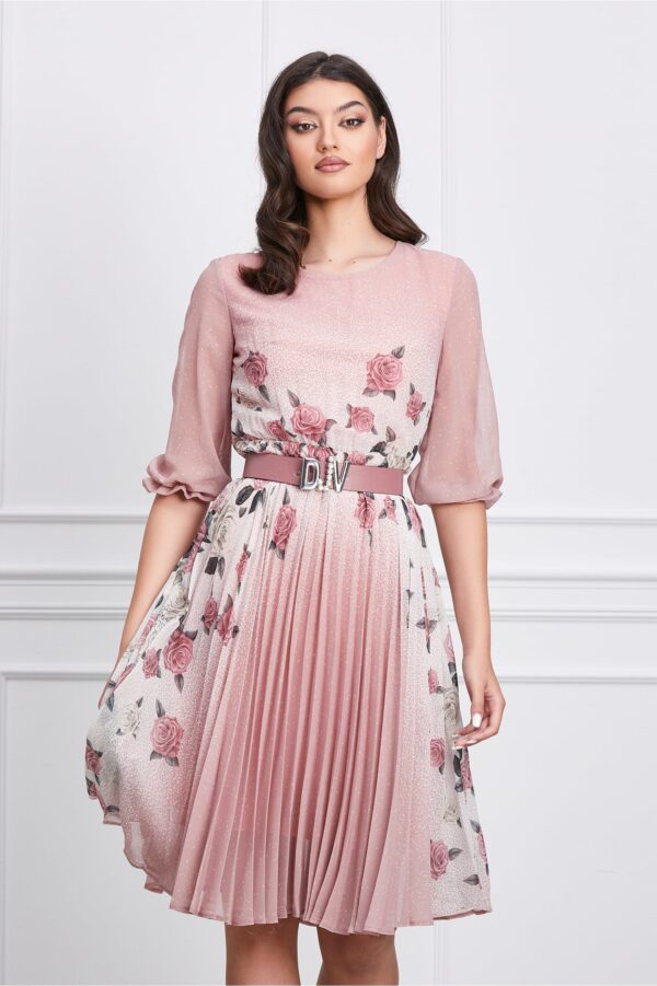 Rochie Corina roz cu imprimeu floral si curea in talie