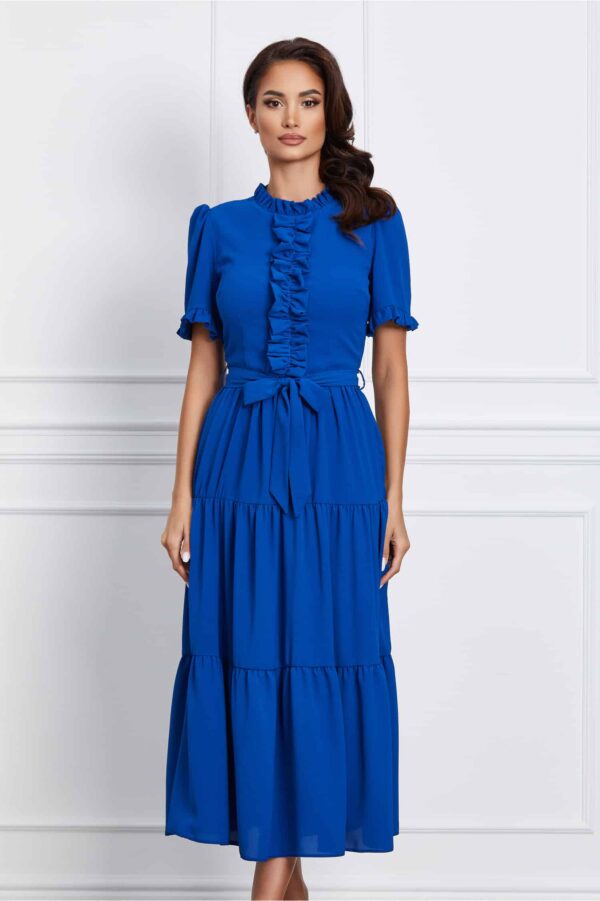 Rochie Crina albastra cu volanase si cordon in talie