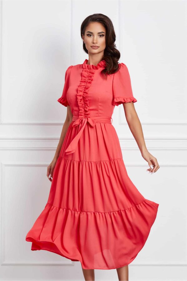 Rochie Crina corai cu volanase si cordon in talie