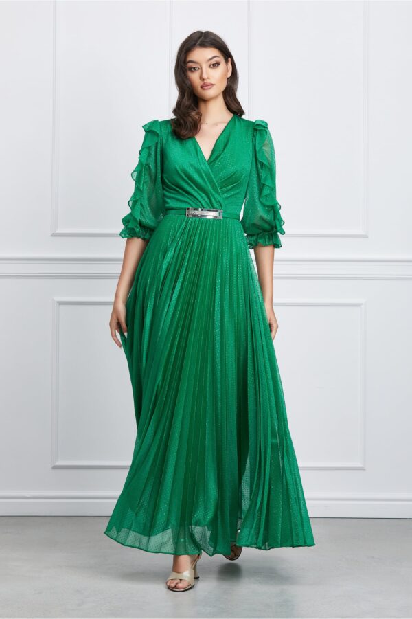 Rochie Crina lunga verde plisata cu volanase la maneci