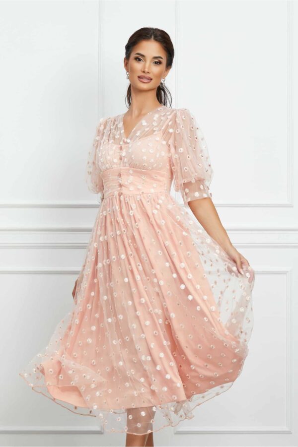 Rochie Daisy roz piersica din tull cu flori brodate