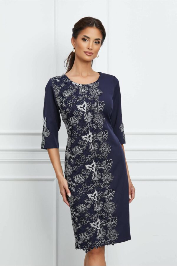 Rochie Damaris bleumarin cu broderie florala argintie