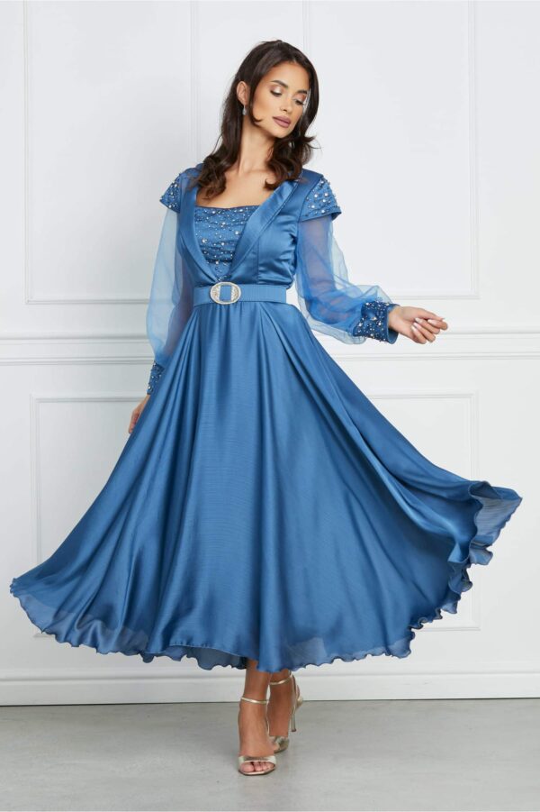Rochie Damiana albastra cu maneci din organza si curea in talie