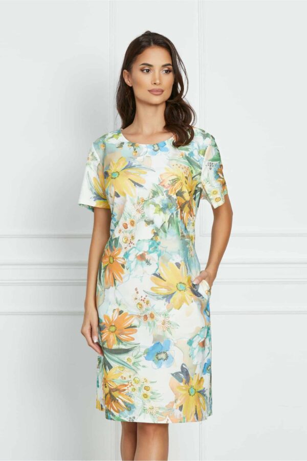 Rochie Daniela alba cu flori galbene
