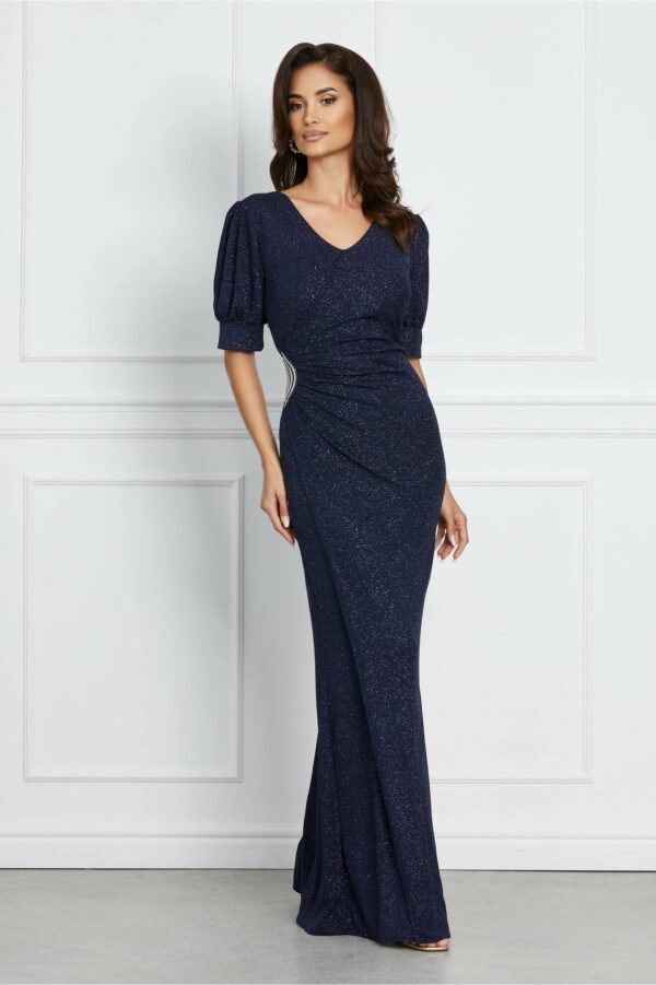 Rochie Daniela lunga bleumarin cu aplicatie in talie