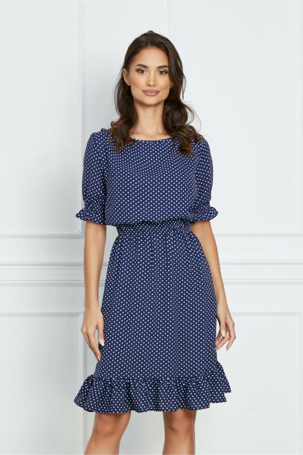 Rochie Daria bleumarin cu buline si elastin in talie