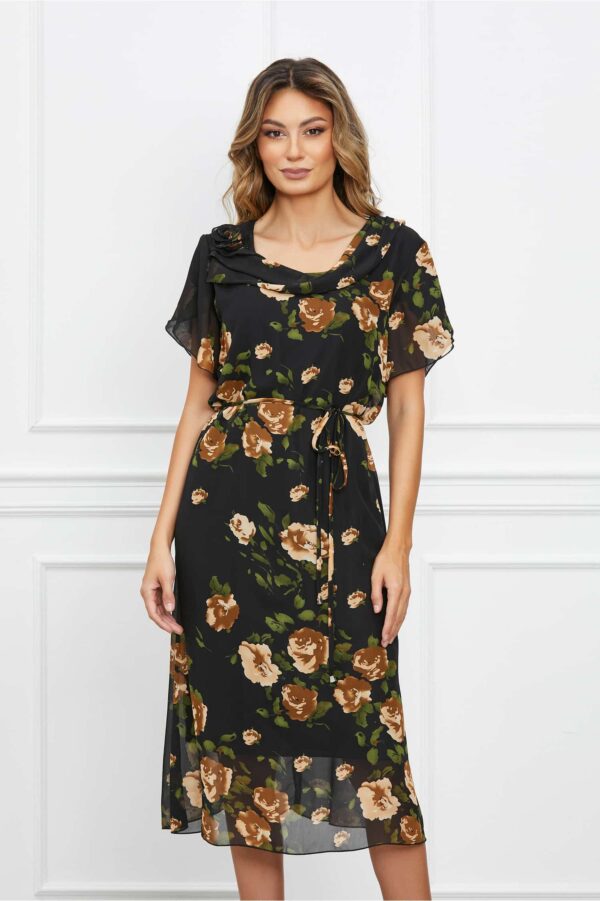 Rochie Daria neagra din voal cu flori maro