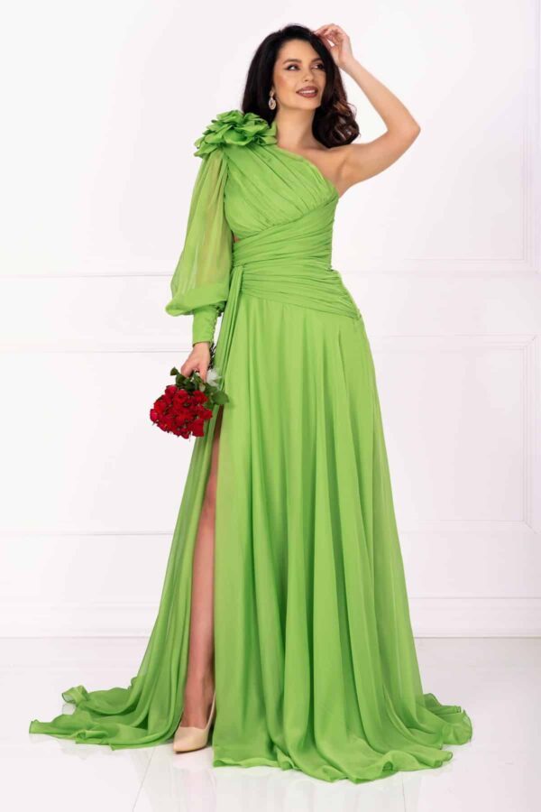 Rochie de lux Chic Diva fistic lunga cu fronseuri si floare 3D