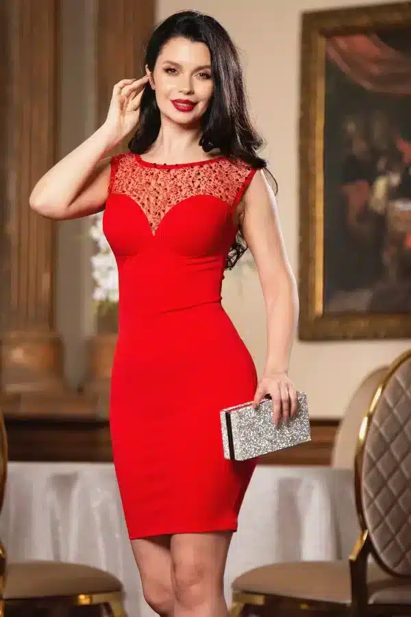 Rochie de ocazie Katrina rosie cambrata cu paiete