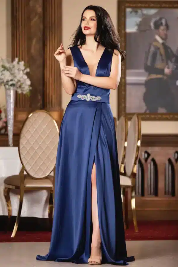 Rochie de seara Ophelia bleumarin lunga din tafta satinata