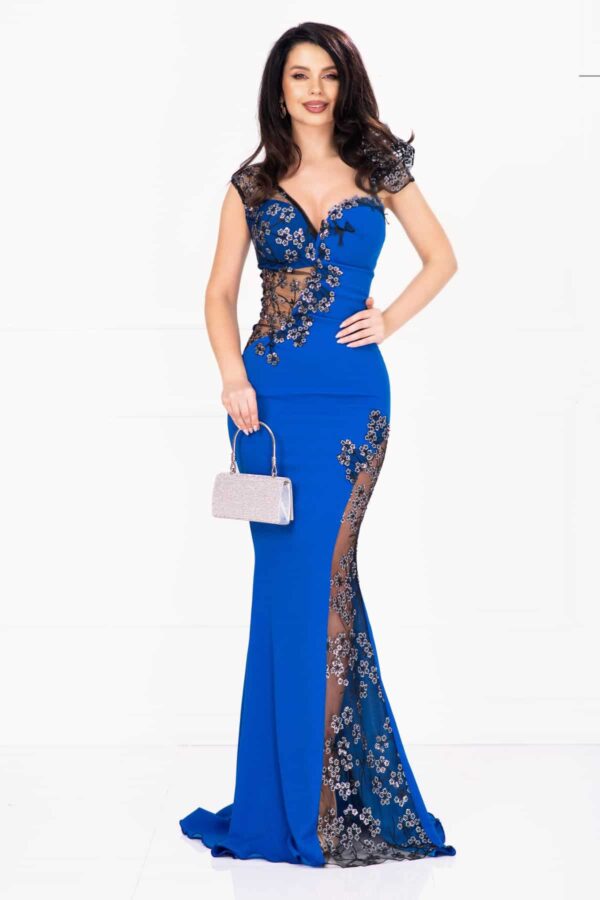 Rochie de seara tip sirena Sherrel albastru royal cu flori din paiete argintii
