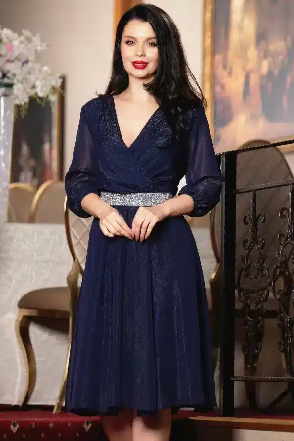 Rochie de soacra in clos bleumarin cu cordon stralucitor in talie