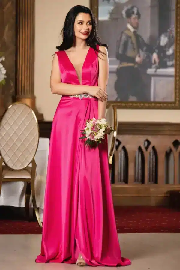 Rochie din tafta Ophelia fucsia lunga
