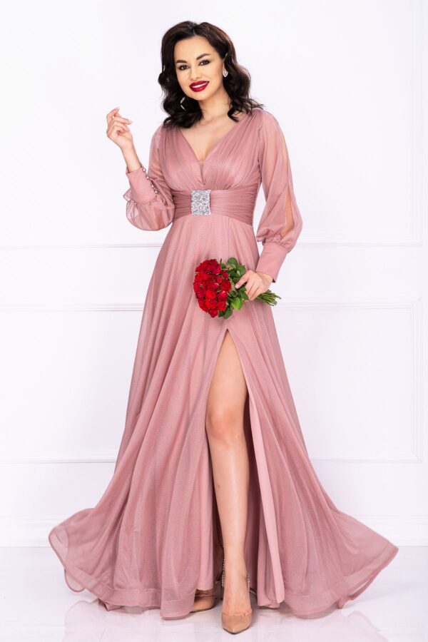 Rochie eleganta de seara Faith rose sclipitoare cu fronseuri in talie