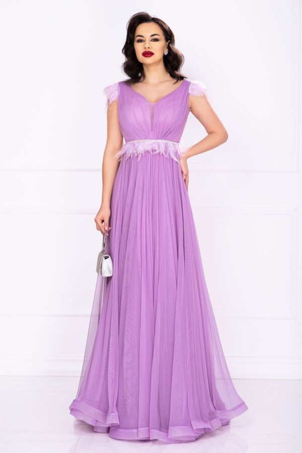 Rochie lunga de seara Petronela lila decorata cu banda din fulgi