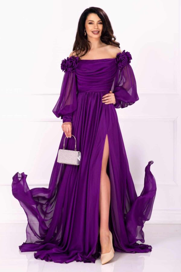 Rochie pretioasa de nasa Mireya mov lunga cu fronseuri si flori 3D