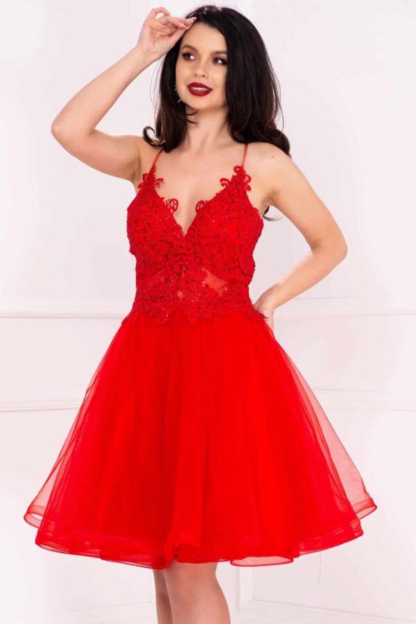 Rochie rosie baby-doll eleganta Brianna cu bust brodat